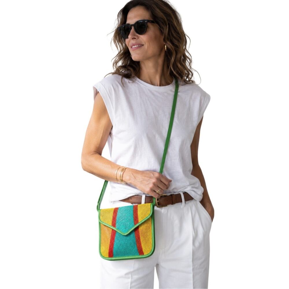 VTG 1980s Signed Colorblock Leather Crossbody Bag Green Yellow Red Artisan